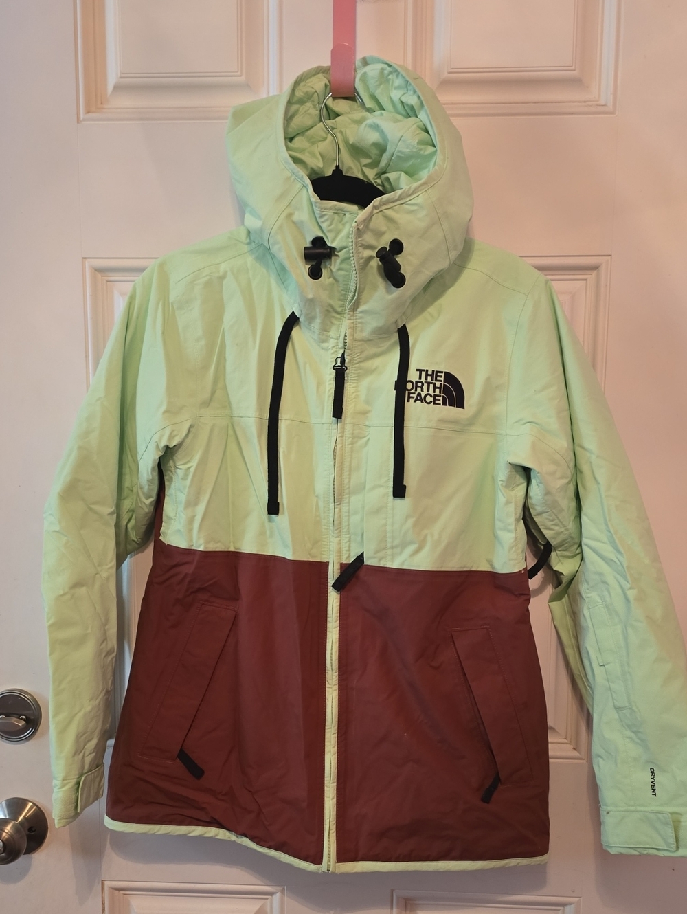 The North Face Women's Two-Tone Puffer Jacket in Mint Green & Rust